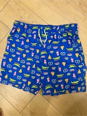 Cat & Jack Boys Blue Swim Trunks with Neon Green Drawstring and Multi-Print